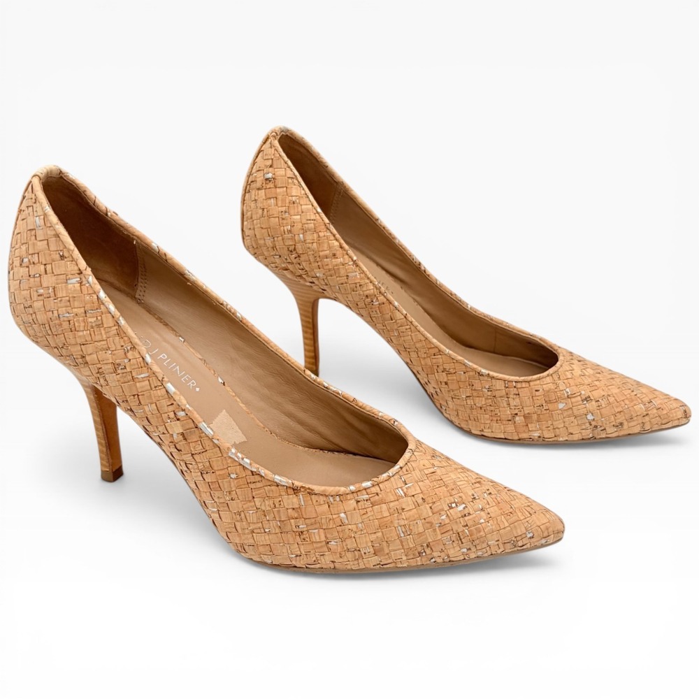 Donald J Pliner Woven Cork Pumps 8M Coastal Chic Tan Silver Metallic Heels 3"